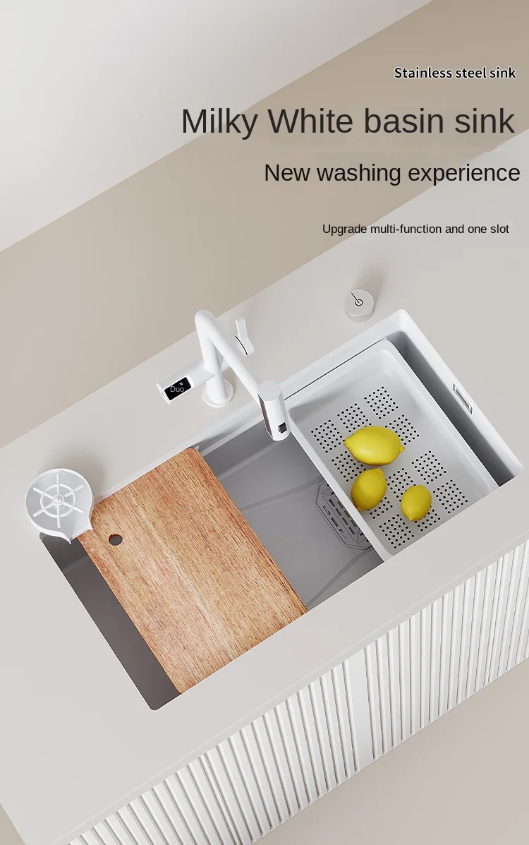 Description Picture 2 of itemWhite Stainless Steel Kitchen Sink with New Digital Display Pull-Out Waterfall Faucets Multifuctional Sink Kitchen Accessories