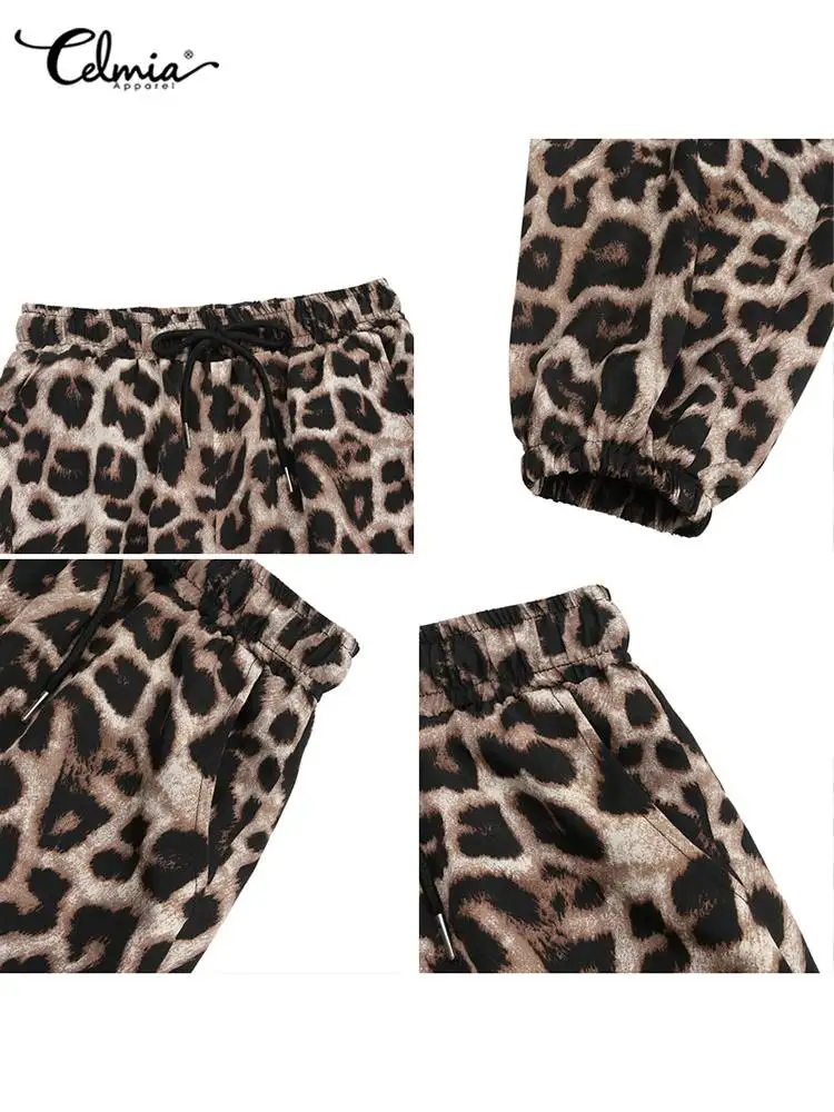 Celmia Women Casual Pantalones Streetwear Fashion Pants Loose Leopard Print Jogger Trousers Drawstring 2023 Summer Harem Pants