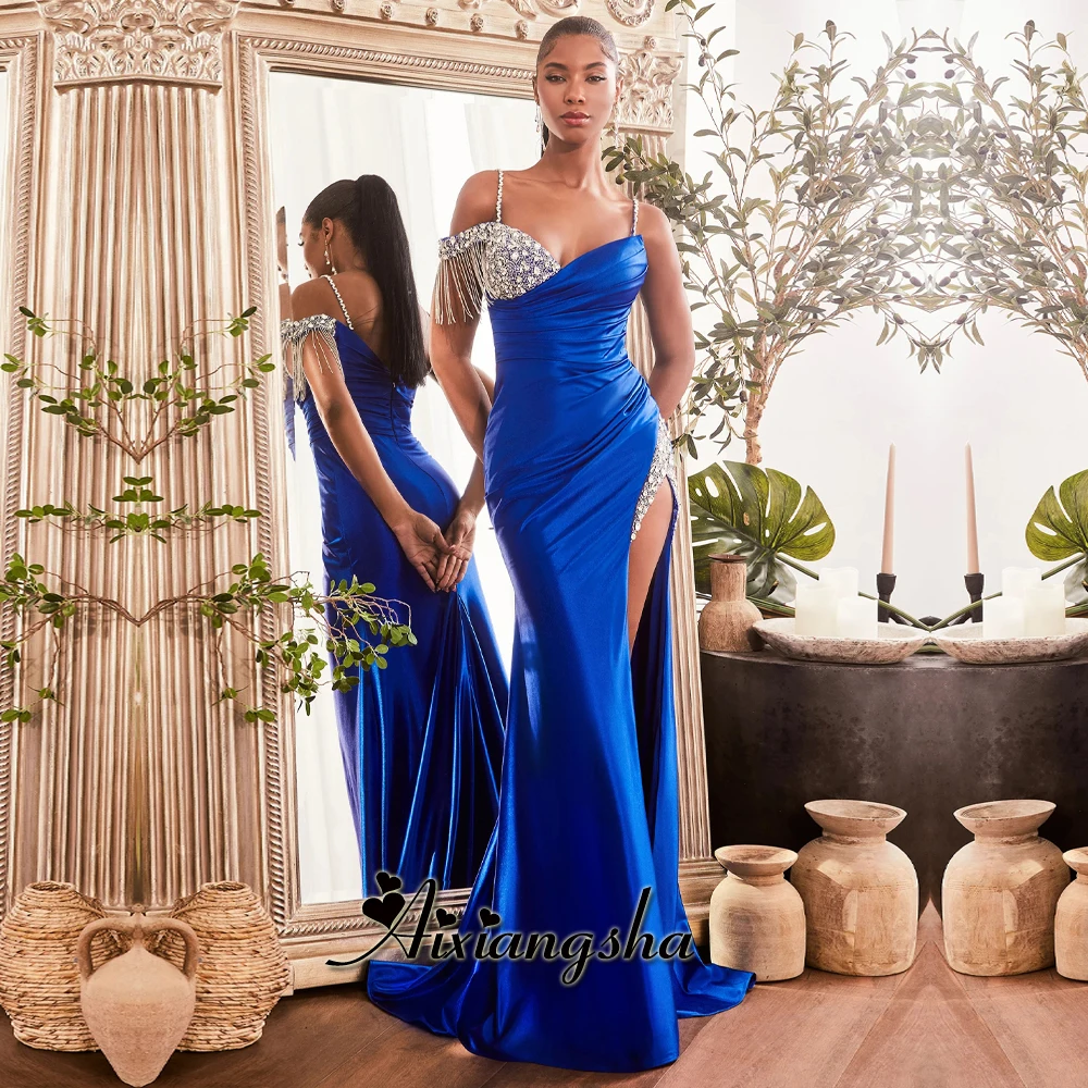 

Aixiangsha Fascinating Celebrity Dresses for Women Slit Mermaid Satin Pleated V-Neck Evening Dress Vestidos De Gala Personalised