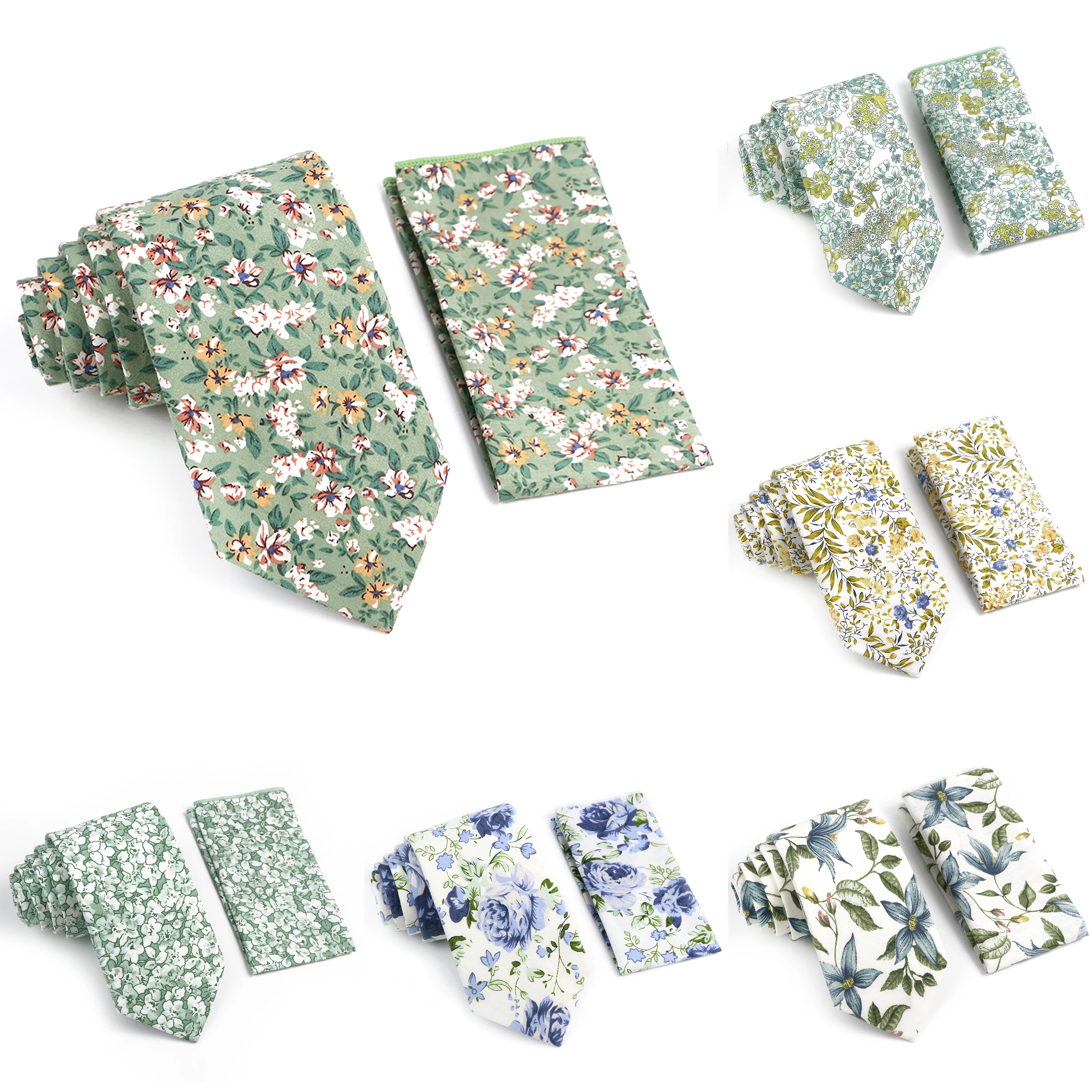 Neuheit Floral Baumwolle Herren Casual Krawatte Set Fit Hochzeit Party Gelb Grün Blau Krawatte Einstecktuch Chic Anzug Gravata Zubehör