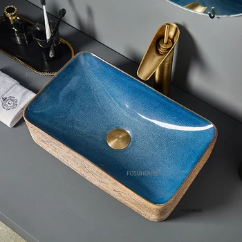 อ่างล้างหน้าเซรามิคสไตล์โมร็อกโกสําหรับอ่างล้างหน้าแบบสี่เหลี่ยมเดี่ยวดอกไม้สีฟ้าเคลือบอ่างล้างหน้าเฟอร์นิเจอร์ห้องน้ําอ่างล้างหน้า 1