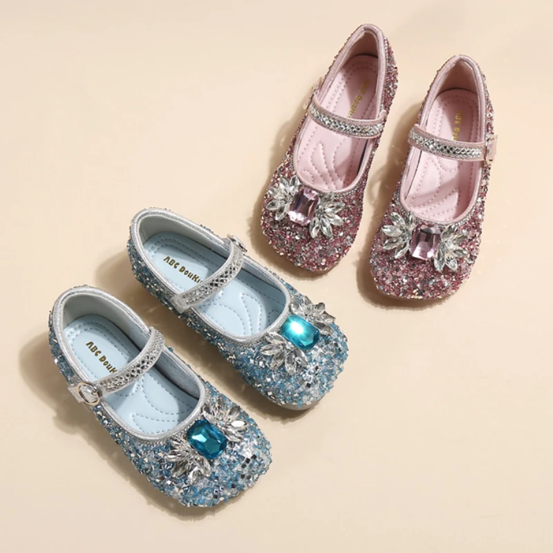 

Girls' Mary Janes Sequin Princess Crystal Shoes Spring Autumn Children Sweet Rhinestone Wedding Party Kid Glitter Leather Shoes