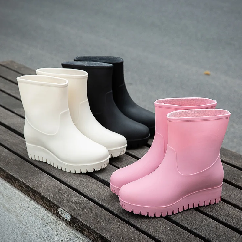 Women's Solid Color Ankle Rain Boots Autumn Winter Comfortable Non-Slip Work Water Shoes Waterproof Warm Rain Shoes