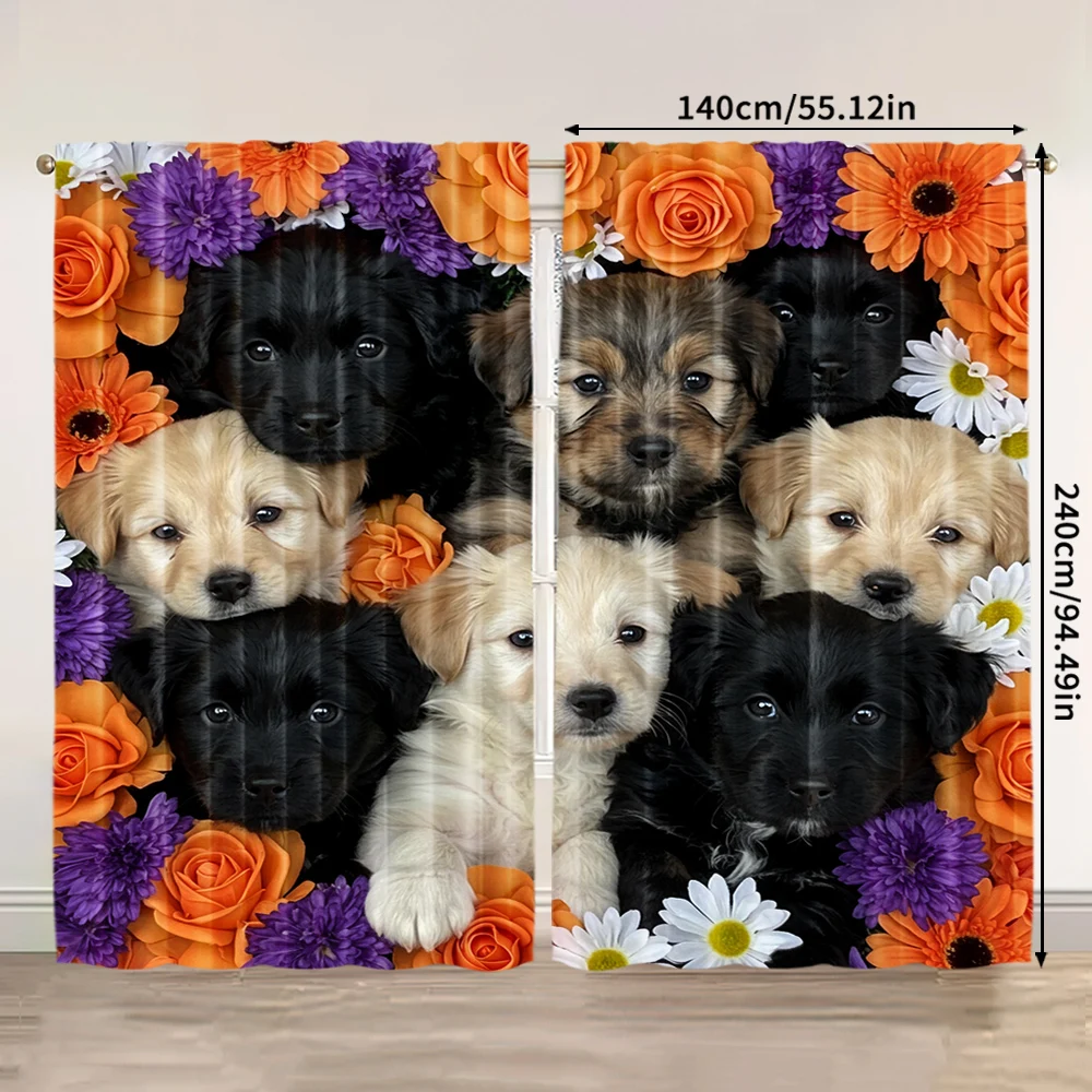 2pcs, spring summer Curtains With cute puppy print Yarn Curtains 100% Polyester Decorations Outdoor Perfect for digital printing 3