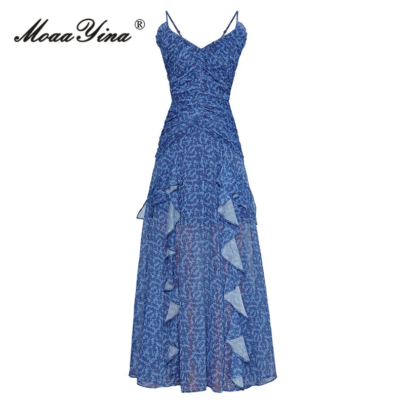 

MoaaYina Fashion Designer Summer Sling Dress Women's V-Neck Sleeveless Backless Ruched Ruffles Vintage Print Blue Long Dresses