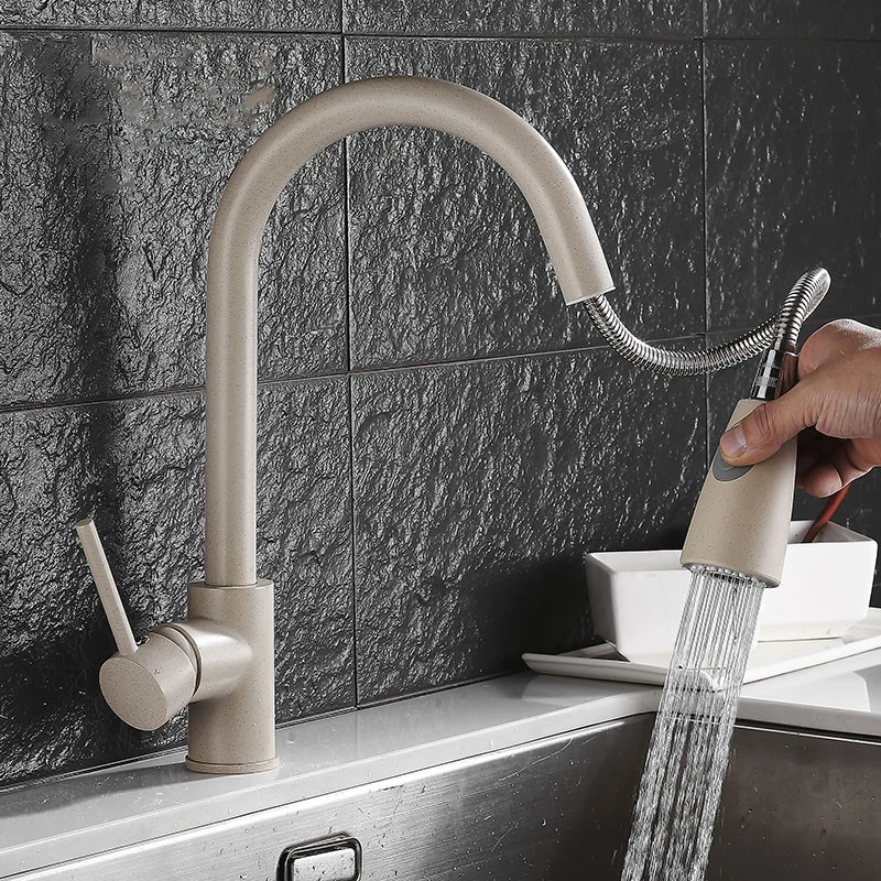 

1pc Kitchen Faucet Brass Oatmeal 360° Rotation Two Function Single Handle Poll Out Hot And Cold Water Mixer Taps Deck Mounted