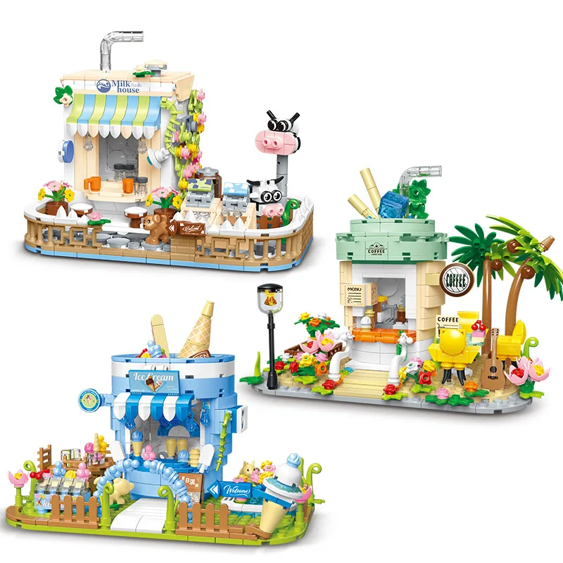 Creative City Street View Moc Block Coffee Ice Cream Milk Tea Shop Dairy Building Bricks Figure Streetscape Toy For Kids Gift