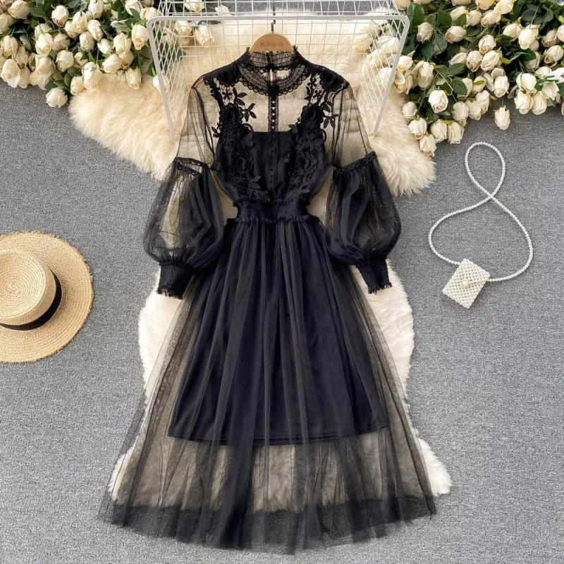 Lace Flower Mesh Dress for Women Lantern Sleeve White Long Dresses for Party Vintage Elegant Dress 2 Piece Sets New 12041