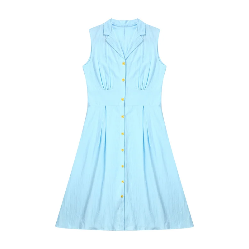 Beach Dress Women Solid Color Turn Down Collar Single Breasted Sleeveless A Line Long Dresses Vacation Party Dresses