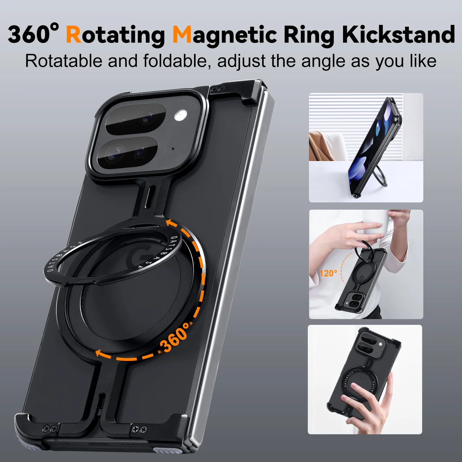 Eary for Google Pixel 9 Pro XL Fold Metal Phone Case With 360° Rotatable Magnetic Kickstand Frameless Bumper Shockproof Covers