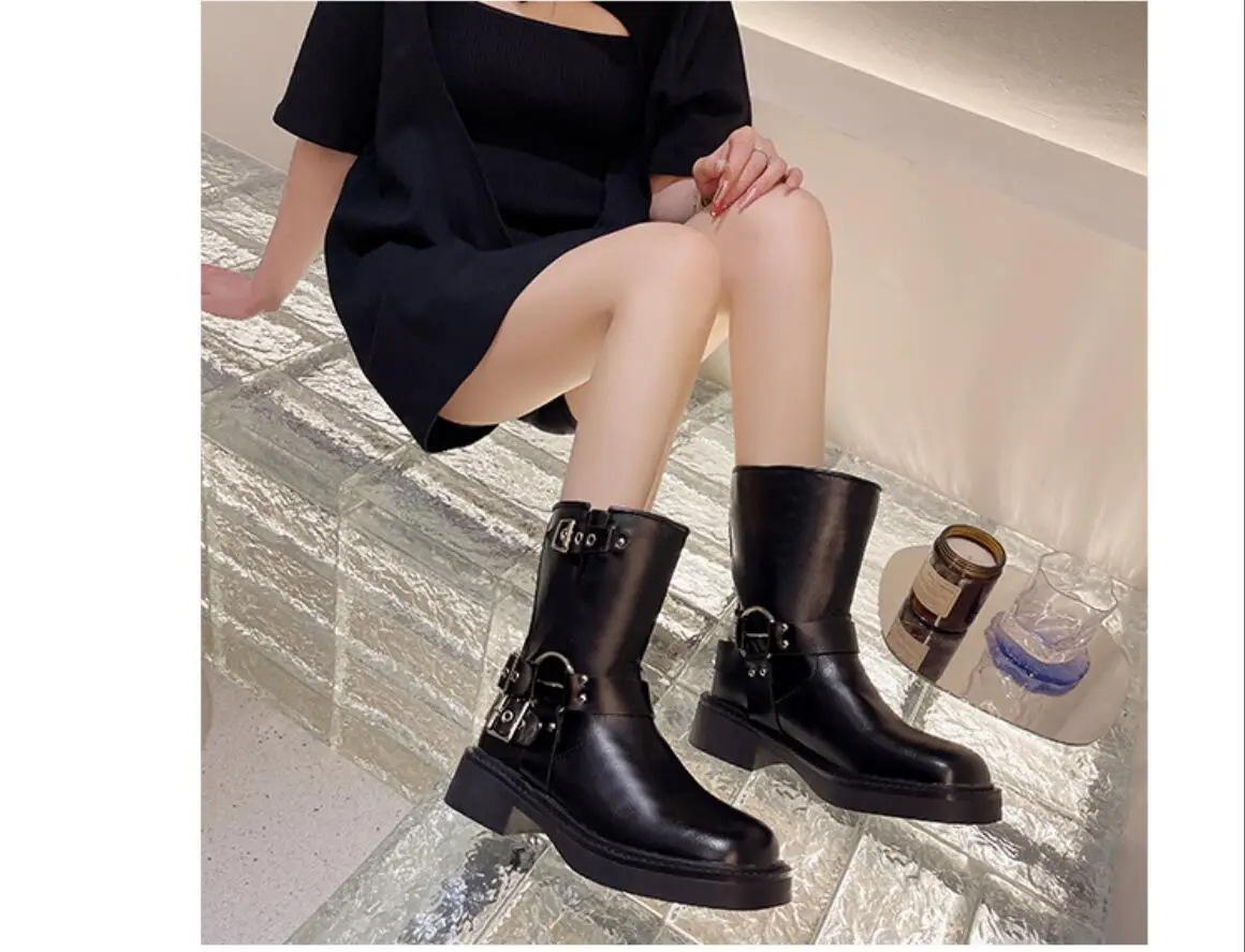 Autumn Winter Square Toe Woman Ankle Boots Fashion buckle Ladies Elegant Thick High Heel Short Boots Shoes Black Women's Boots