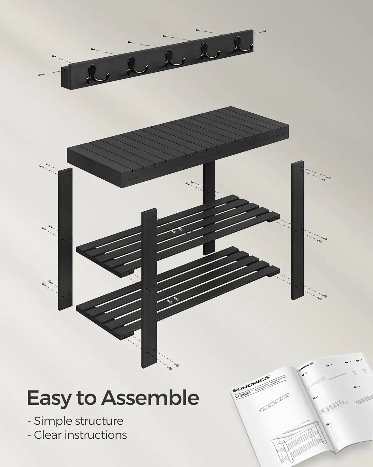 3-Tier Bamboo Shoe Rack Bench, Multifunctional, 5 Double Metal Hooks, for Entryway, Hallway, Bedroom