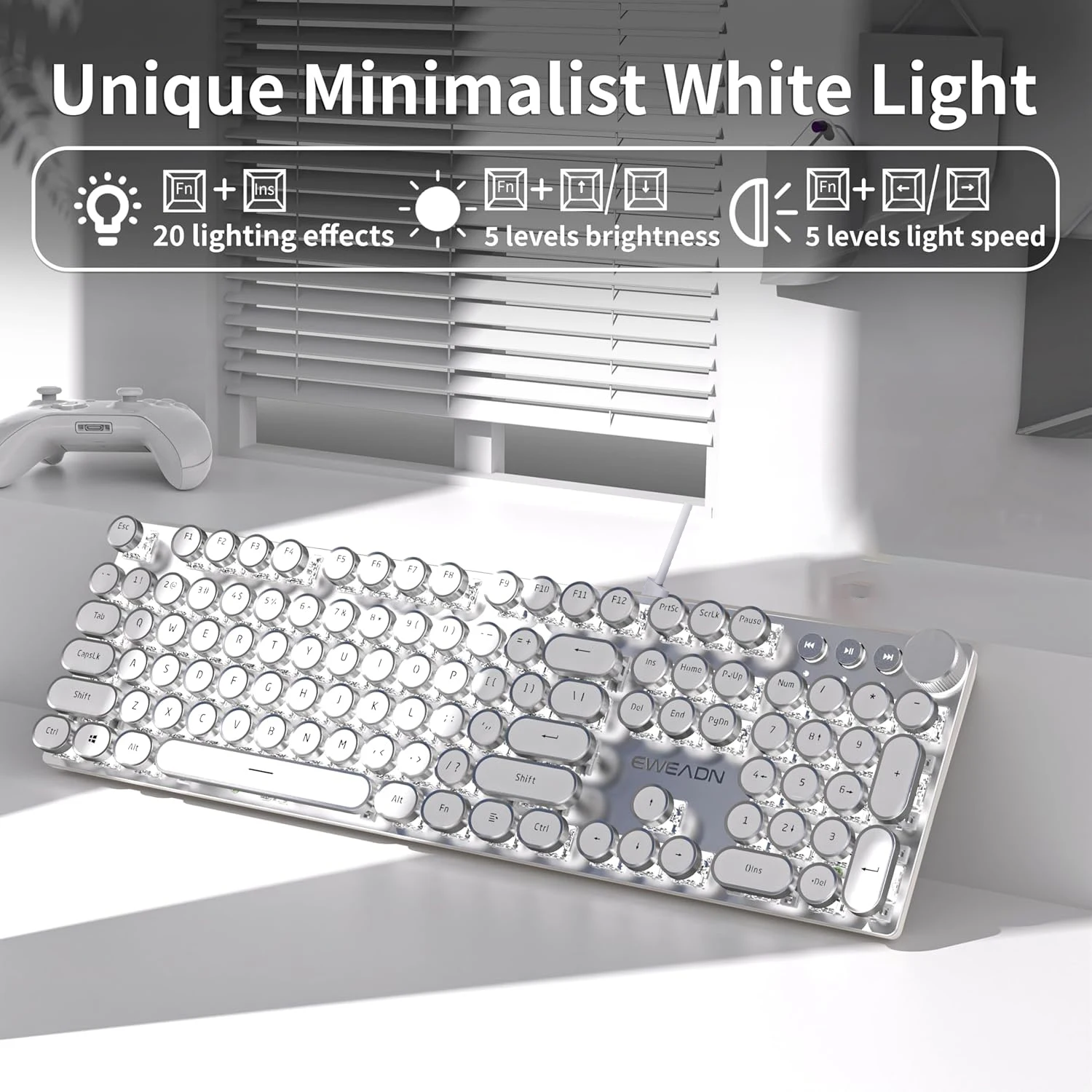 EWEADN Clavier mécanique filaire, style machine à écrire rétro blanc, pleine taille, rétroéclairage LED, bouton de commande, ergonomique pour le bureau et
