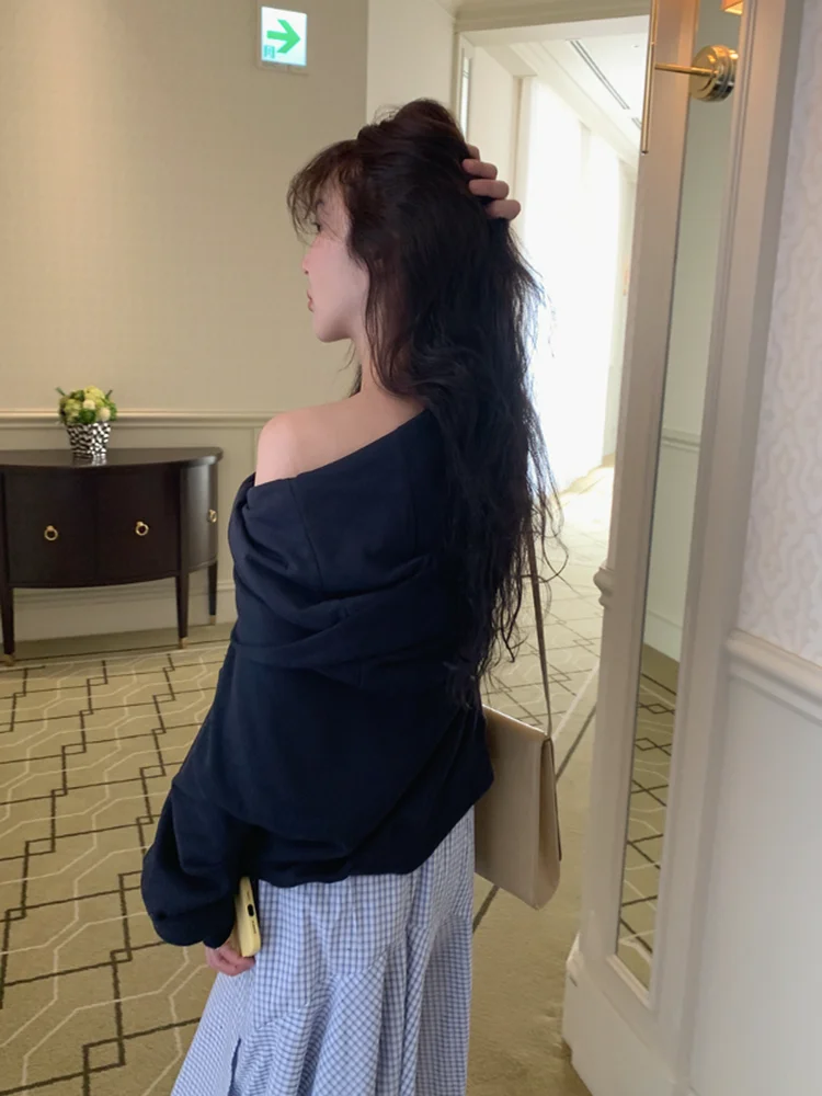 Cute Kangaroo ket Hoodie Sweatirt Women's oulder Bared Collar Flip Cotton Material Autumn Design Sensation Baby Sauce