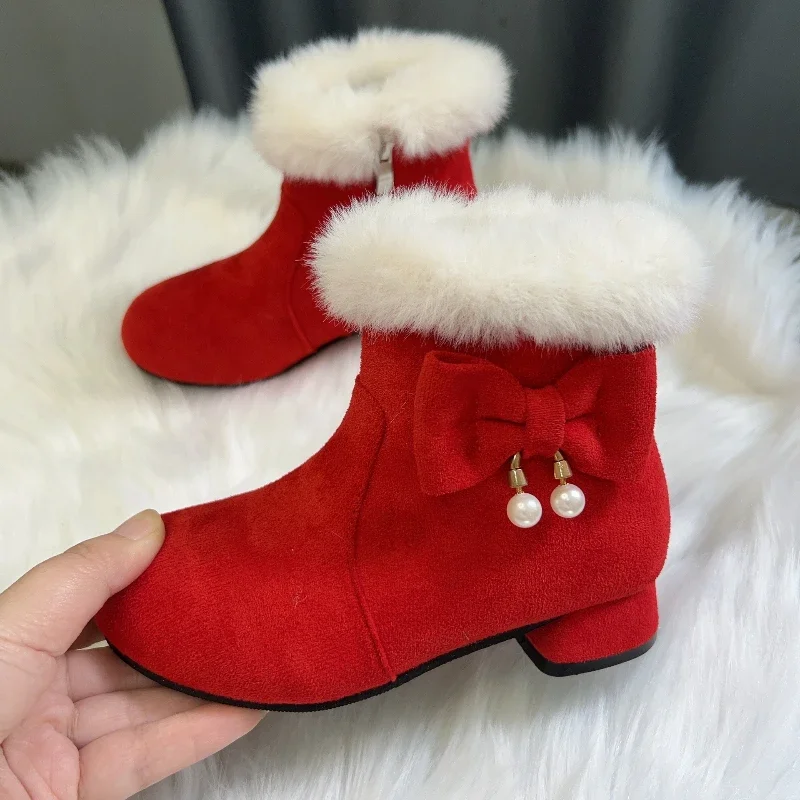 Winter Children Furry Warm Boots Princess Black Red Girl High-heels Fashion Boot Hairy Versatile Bowknot Kids Causal Ankle Boots