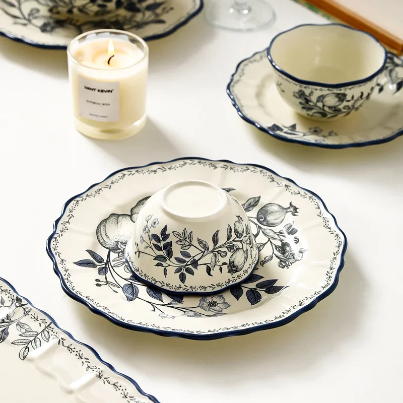 Retro Ceramic Plate Set European Hand Painted Flowers Desktop Dinner Set Plates and Dishes Wedding Center Fruit Salad Plates