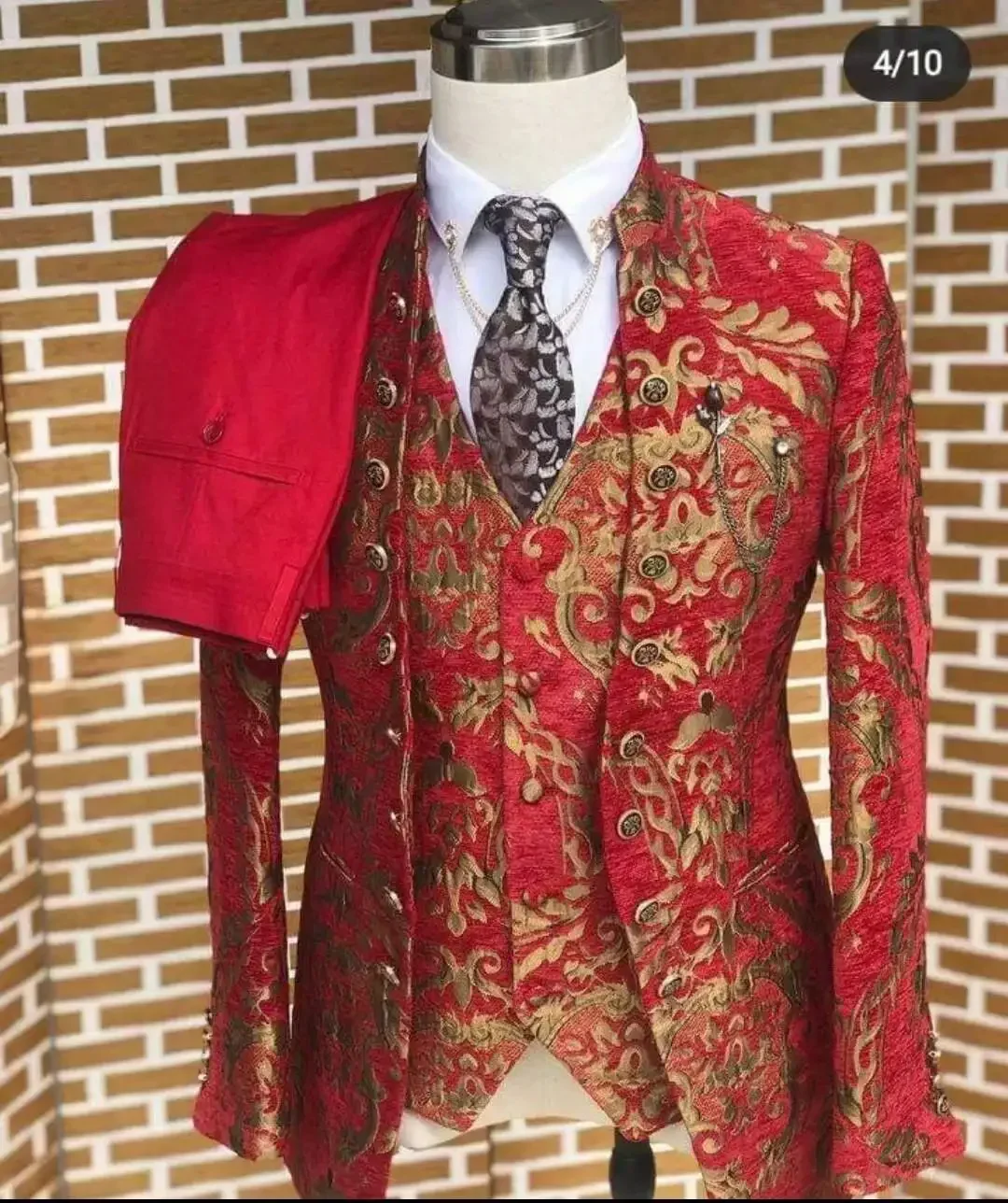 Floral Men Suits for Wedding with Stand Collar Formal Groom Tuxedo 3 Pieces Made Formal Fashion Jacket with Pants Vest
