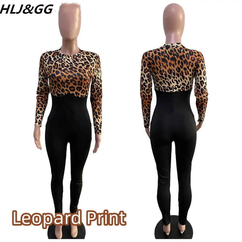 HLJ&GG Fashion Leopard Print Patchwork Jumpsuits Women Long Sleeve Round Neck Bodycon Romper Spring Female Streetwear Playsuit