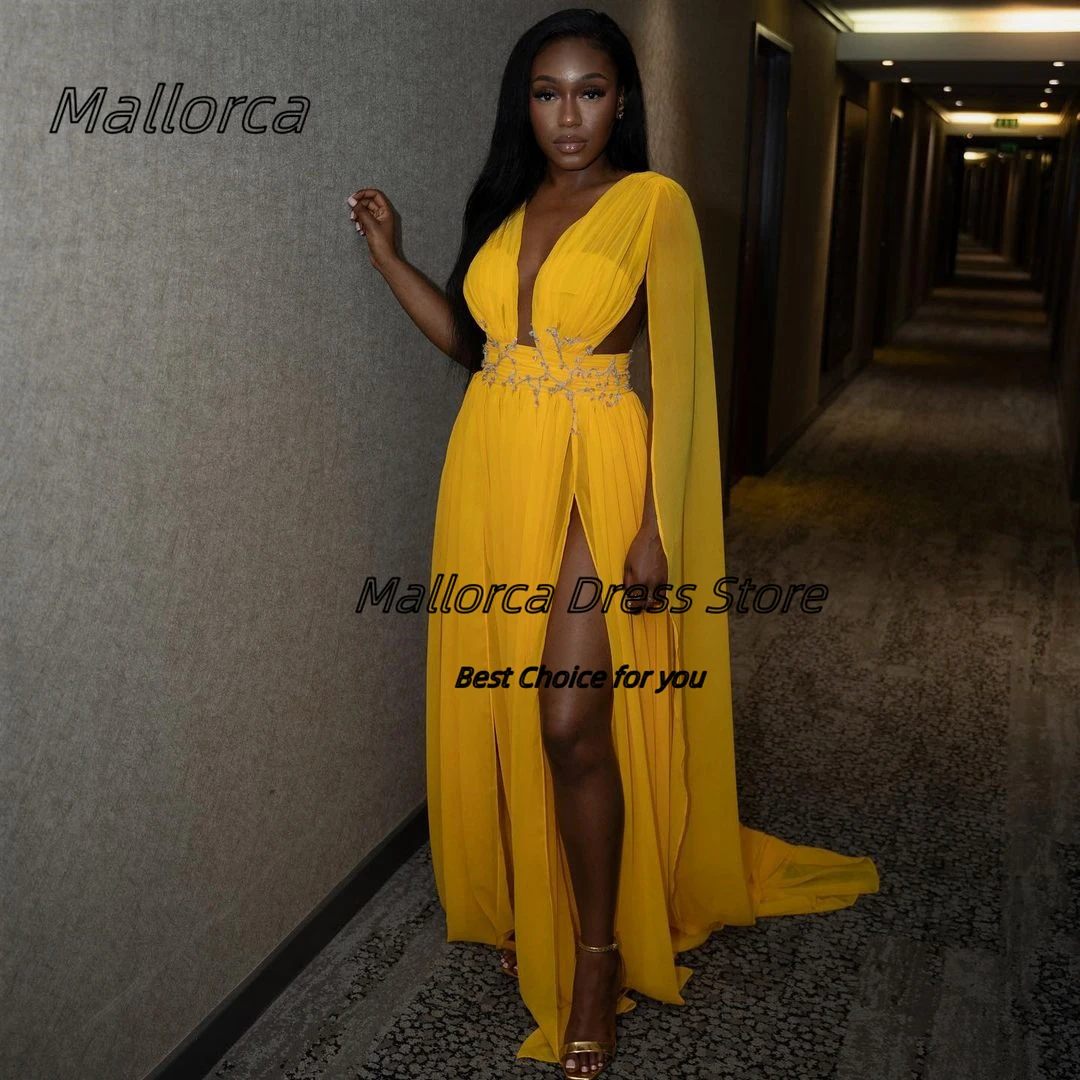 

Mallorca Sexy Ladies Wear Both Side Slit Prom Dresses Plunging Neck Sash Cocktail Party Evening Dress Chiffon Robe Des Soiree