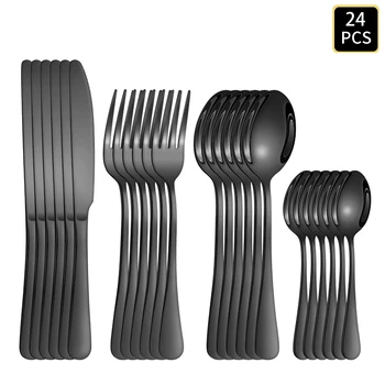 4/6/16/24 pezzi Posate in acciaio inossidabile nero 1010 set di posate coltello, forchetta e cucchiaio con manico rotondo adatto per la casa e l'hotel 1