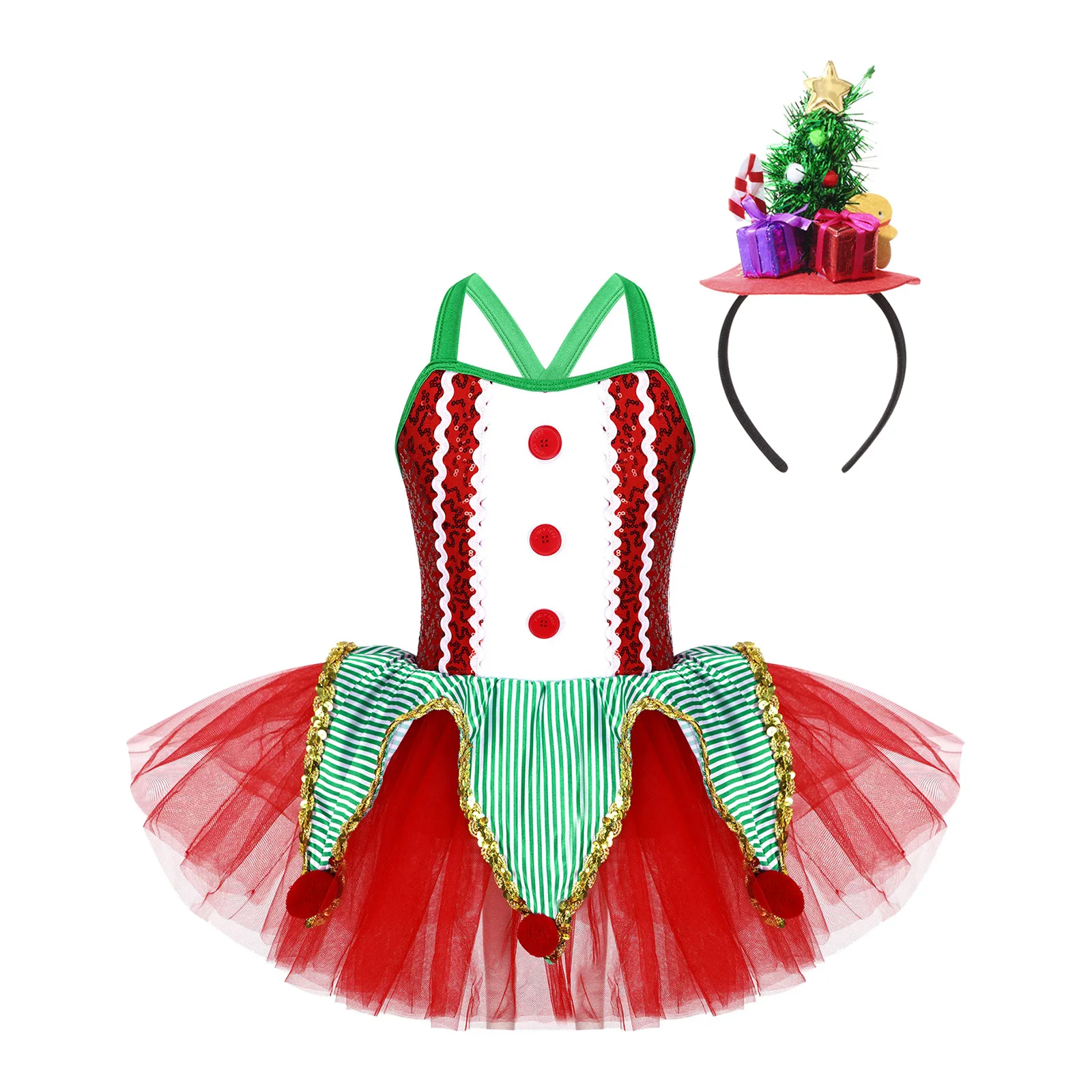 thumbnail image 1 of Disfraz de elfo navideño de Papá Noel para niña, disfraz de fiesta con lentejuelas delanteras, bolas de felpa, tutú con volantes, vestido de malla con diadema para el pelo, 1 of 5