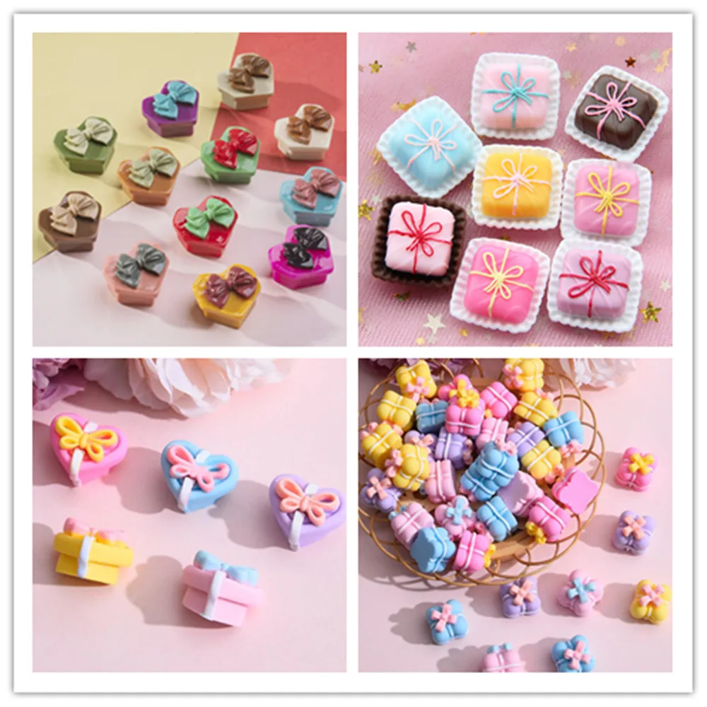 

Heart Bowknot Gift Box Simulation Miniature Figurines Resin Cabochon Crafts Accessories DIY Scrapbooking