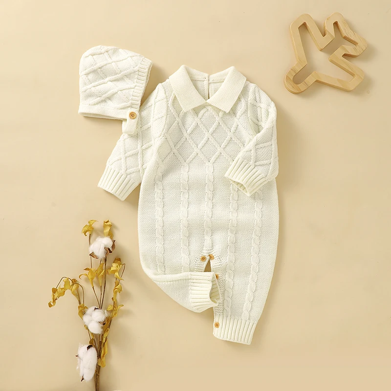 

Baby Rompers Long Sleeves Newborn Infant Boys Turtle Neck Jumpsuits Hats 2pcs Outfits Playsuits Toddler Knitted Overalls Clothes