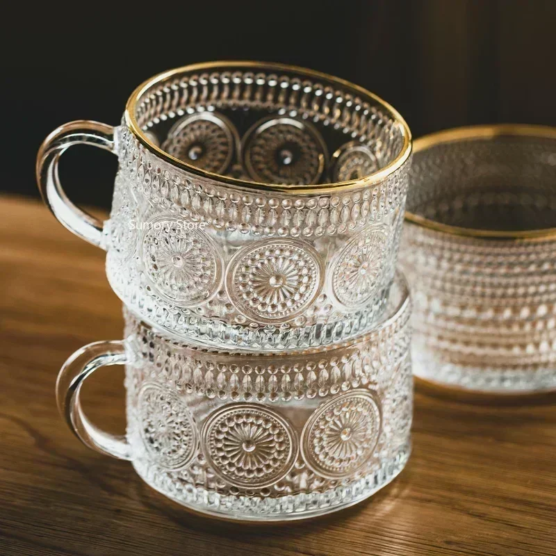 Drinking Glass Nordic Style Retro Embossed Glass Cups Sunflower Transparent Coffee Cup Pearl Milk Tea Cold Drink Juice Mug with Gold Line