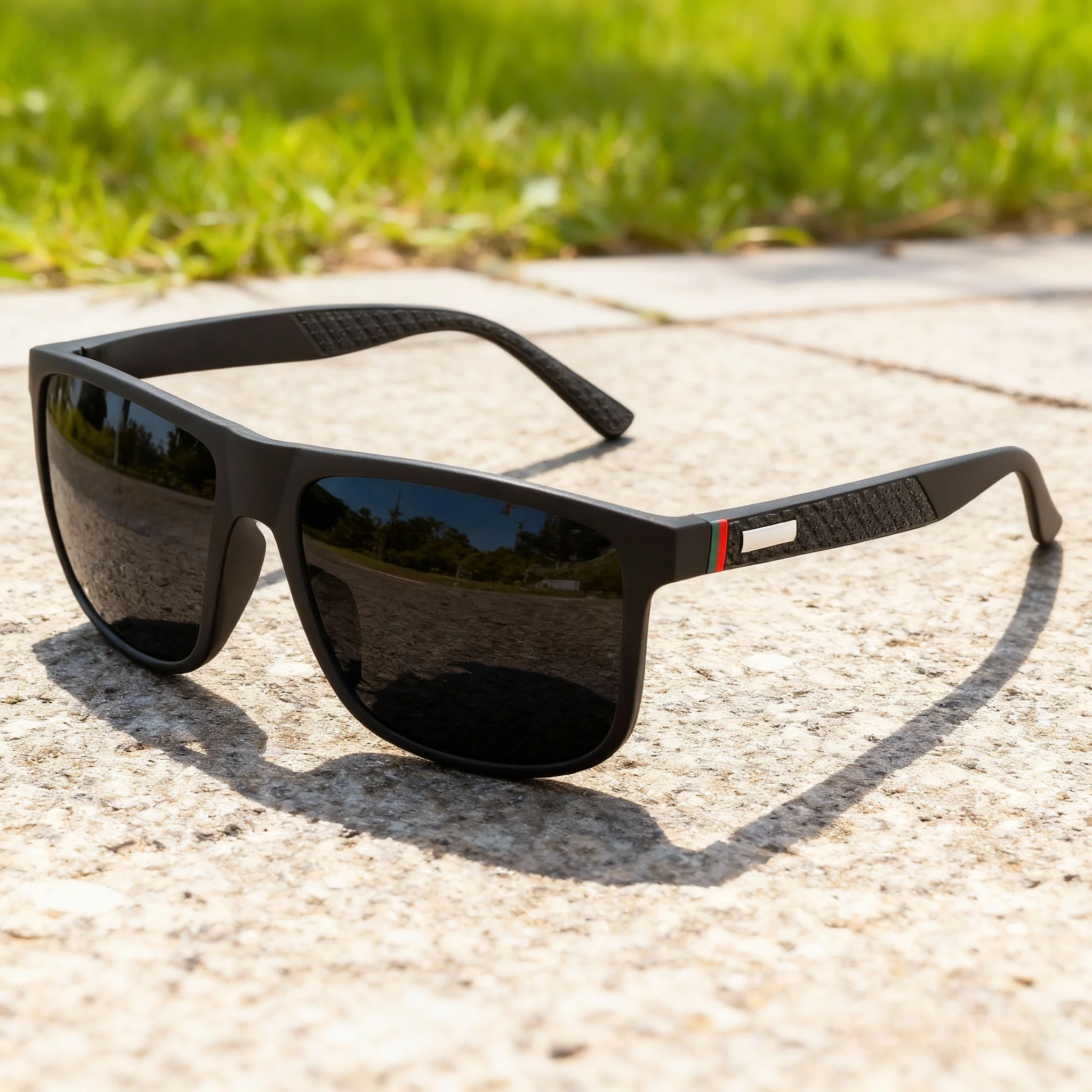 Neue modische, übergroße, farbenfrohe Sonnenbrille – rot/grün gestreifte Bügel, UV400, Unisex zum Fahren, Wandern, Reisen und Geschenke – Detail 3