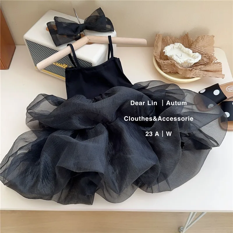 

Black Girl's Dresses 2024 Summer Korean Style Mesh Princess Girl Casual Dresses Children's Clothing Sleeveless Princess Dress