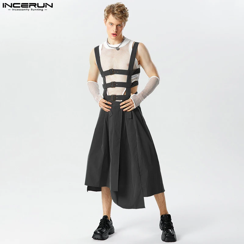 Men Pleated Design Bodysuit Skirts Pants Irregular Hem Solid Straps Half Skirt Jumpsuits Casual Fashion Style S-5XL