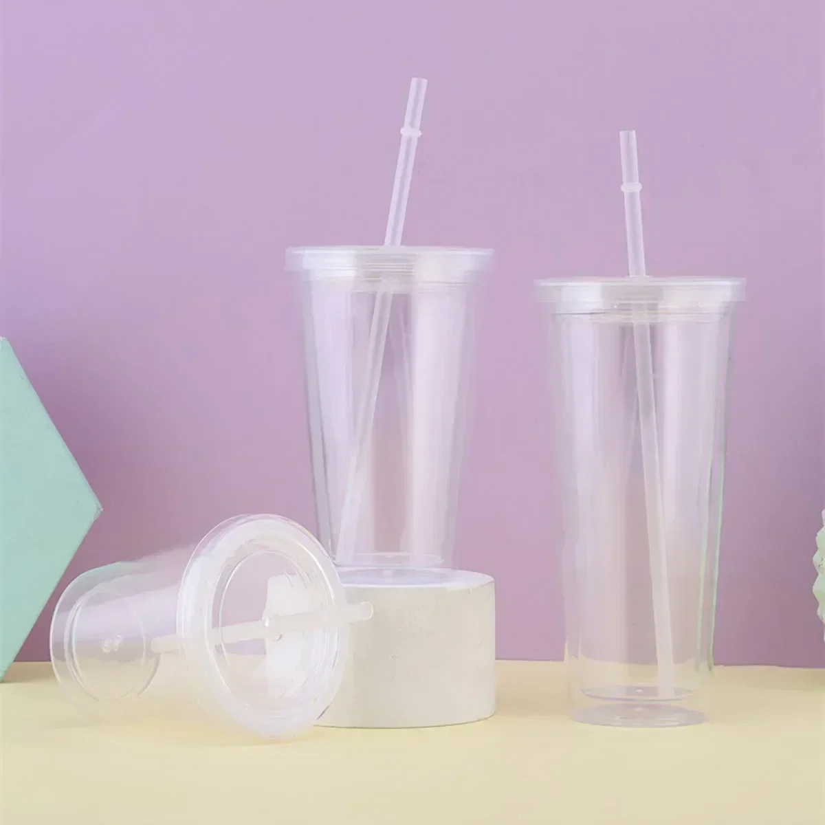 Reusable Double-layer Plastic Transparent Cup with Straw Lid for Outdoor Drink
