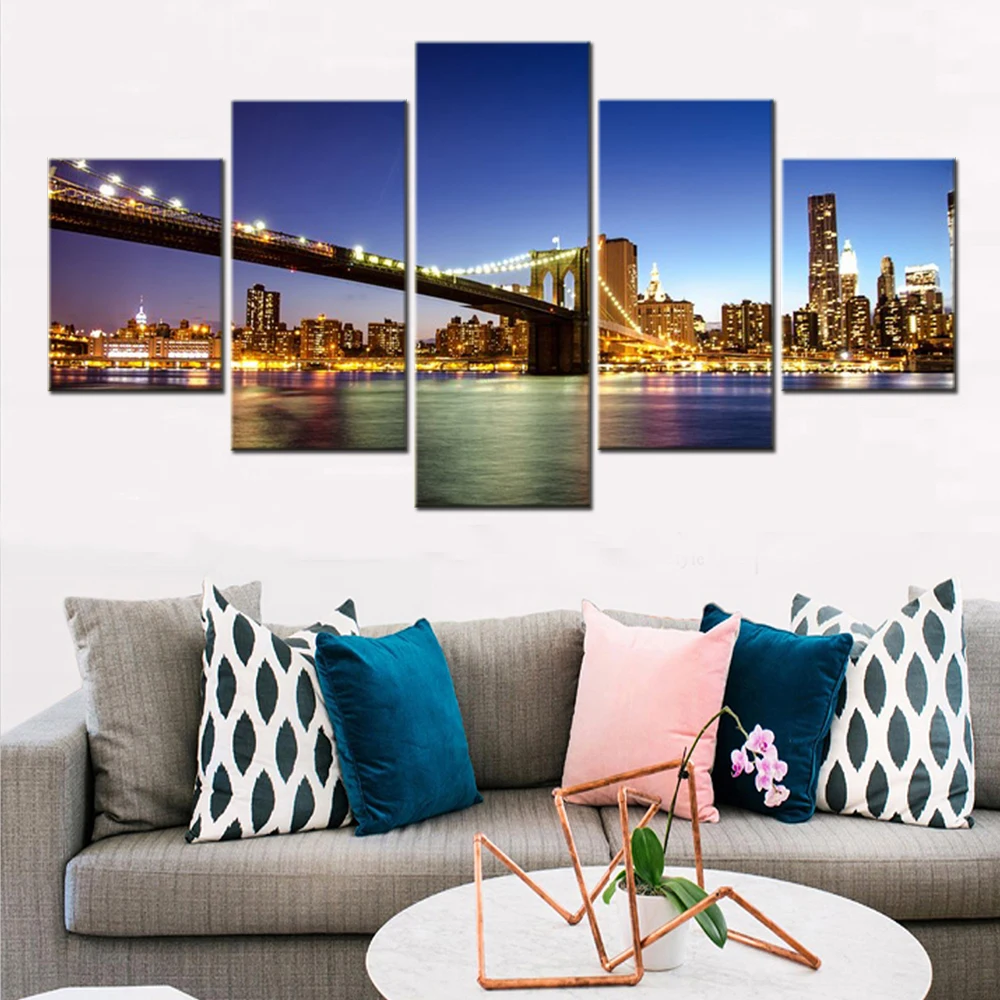 

5 Pieces Canvas Wall Arts City Poster Painting Brooklyn Bridge World Manhattan Wallpaper Home Decor Picture Print Living Room