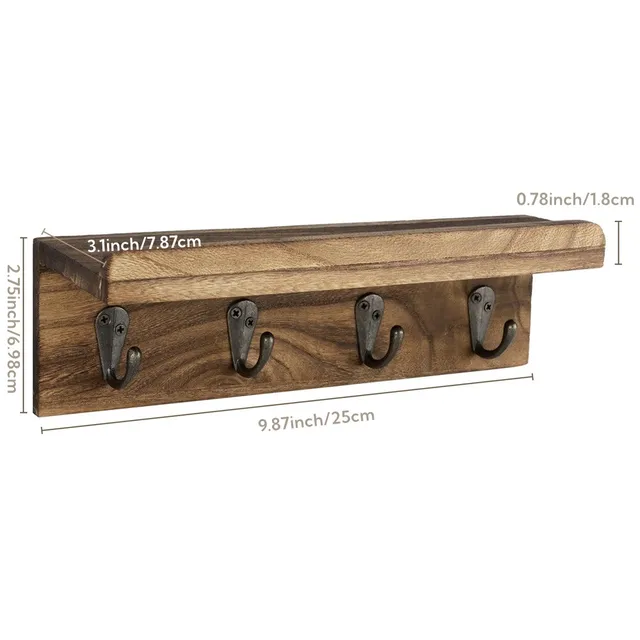 Porte-clés en bois rustique pour mur, étagère murale de ferme, décoration de maison, étagère flottante murale avec 4 crochets 6