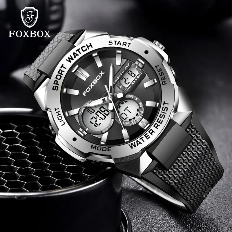 FOXBOX Luxury Fashion Sport Men's Wrist Watch Digital Waterproof Quartz Chronograph Silicone Strap Clock Male Relogio Masculino