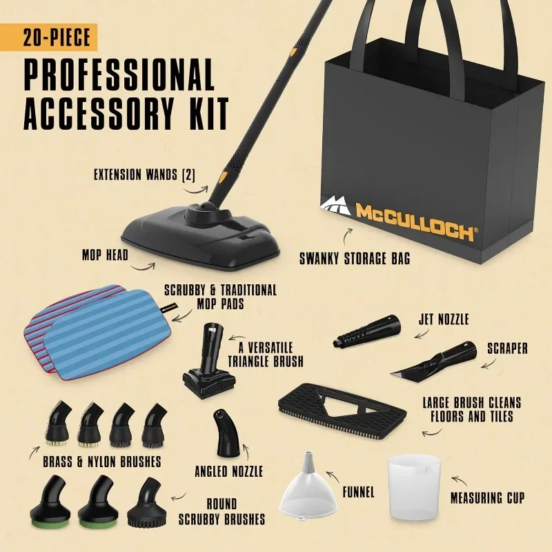 McCulloch MC1375 Canister Steam Cleaner with 20 Accessories, Extra-Long Power Cord, Chemical-Free Cleaning for Most Floors,Black 3