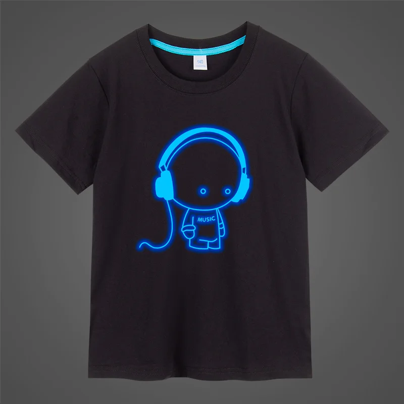 Short Sleeve Neon Light Up Shirts Boys Girls Music Print
