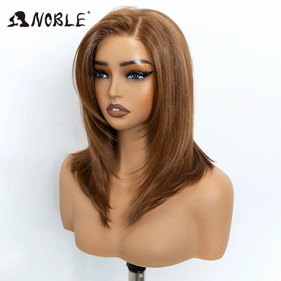 Noble Synthetic Lace Front Wig 13X3 Free Part Pre Plucked Bob Wig 16" Straight Layered Ombre Brown Frontal Lace Wigs For Women