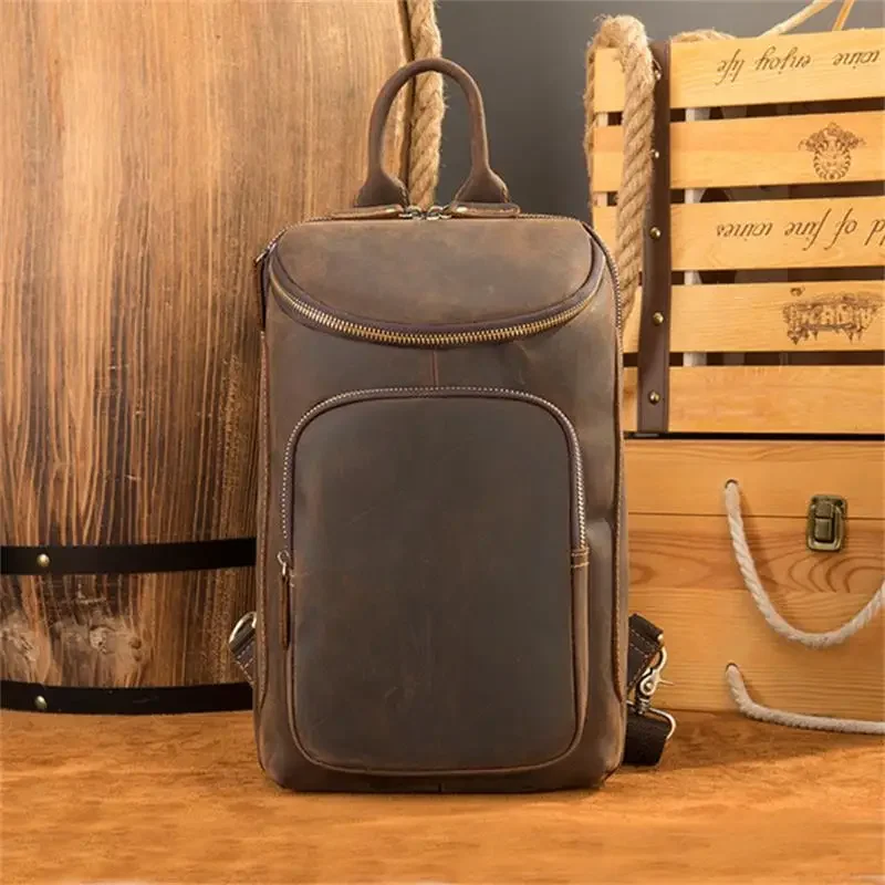 Genuine Leather Chest Bag for Men Outdoor Travel