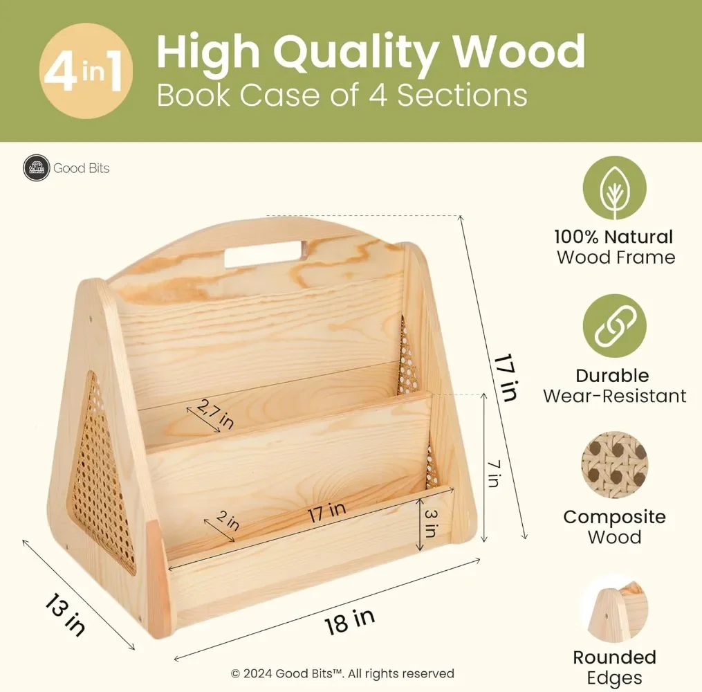 Double-Sided Montessori Bookshelf for Kids, Rattan Book Shelf for Kids Rooms, Nursery Book Shelves, Toddler Bookshelf 2