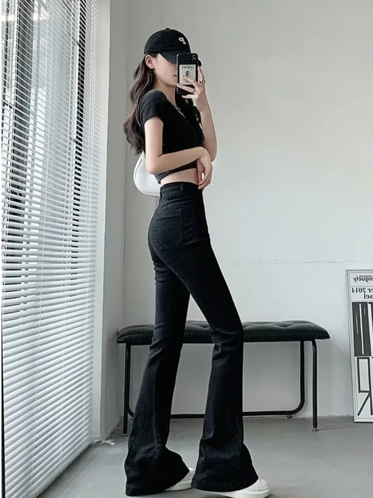 Winter trend dark washed pants, simple and thickened women's fashion natural waist micro flared pants, jeans, zipper