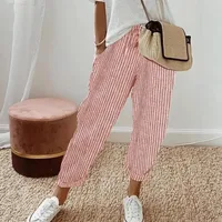 Pantalon d'été transfrontalier européen et américain pour femmes, nouvelle mode, ample, imprimé à rayures, taille élastique, cordon de serrage, pantalons décontractés 5
