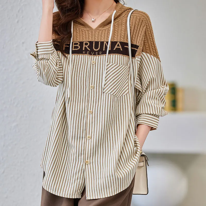 Korean Loose Hooded Striped Blouse Women's Clothing Letter Knitted Patchwork 2023 Spring Autumn Casual Drawstring Pockets Shirt