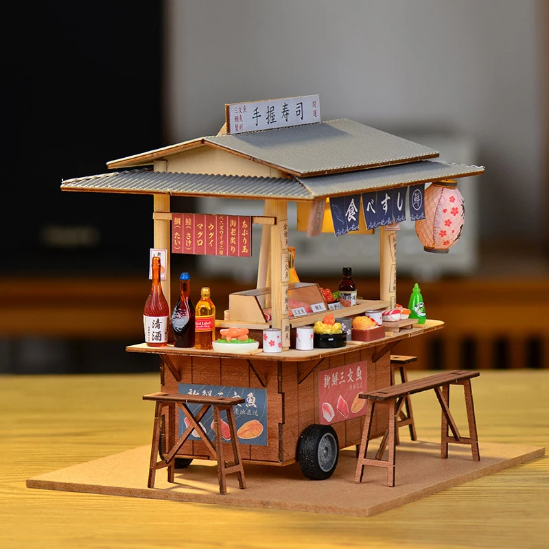 일본 스시 가게 미니어처 빌딩 키트, 바비큐 조식 인형 집, 가구 완구 포함, 여아 선물, DIY 나무 인형 집
