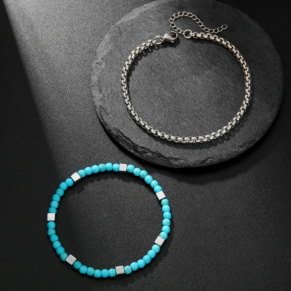 Stainless Steel Cuban Chain Bracelet Set for Men with Onyx Beads