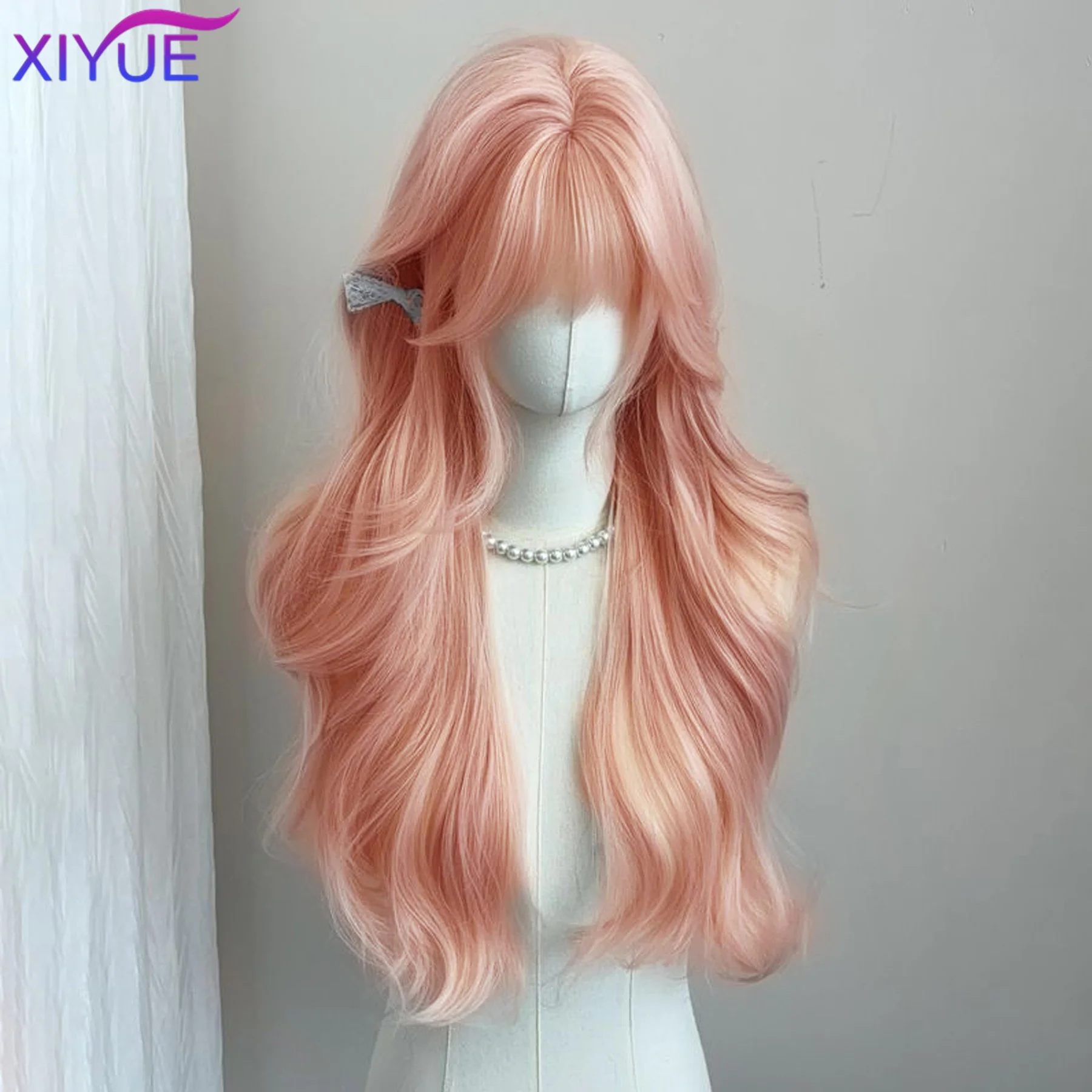Long Wavy powder Blonde Synthetic Wigs with Bangs for Women Natural Wave Cosplay Party Daily Use Hair Wigs Heat Resistant