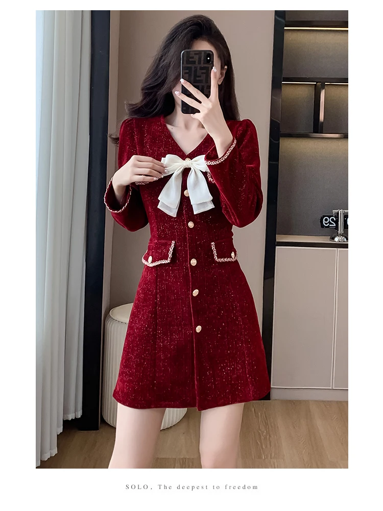 Women Red Black Chenille Chic Bow Y2k Mini Dress Fall Winter