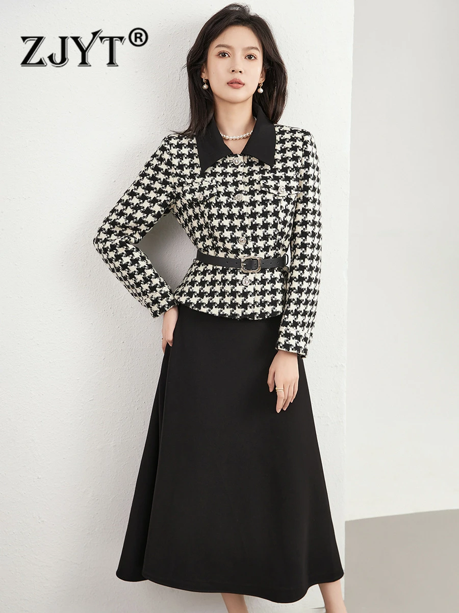 

ZJYT Autumn Winter Tweed Woolen Jacket and Skirt Suit 2 Piece Womens Outfits Black 2023 Fashion Ladies Dress Sets Party Conjunto