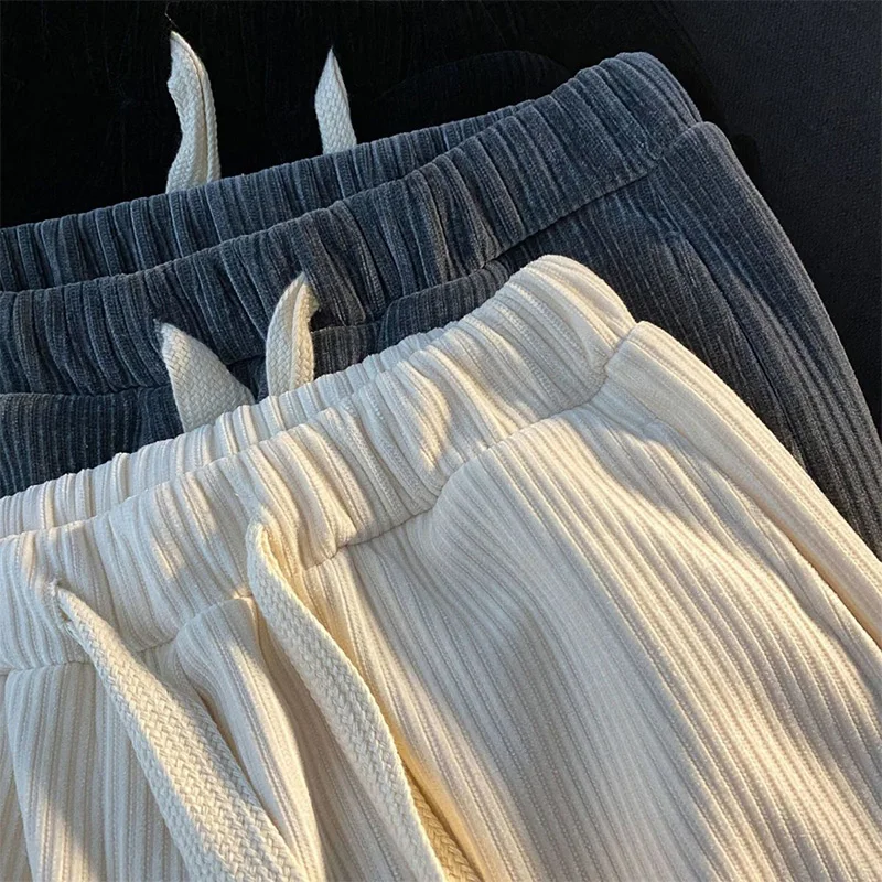 Autumn Winter Elastic Waist Loose Casual Wide Leg Corduroy Pants Male Solid Fashion All-match Straight Sweatpants Men Trousers