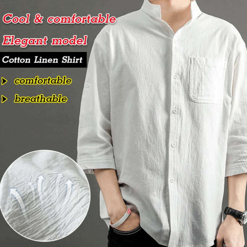 Camisa De Hombre De Algodón Y Lino - Cuello En V, Manga Corta - Ideal Para Verano, Playa Y Looks Casuales